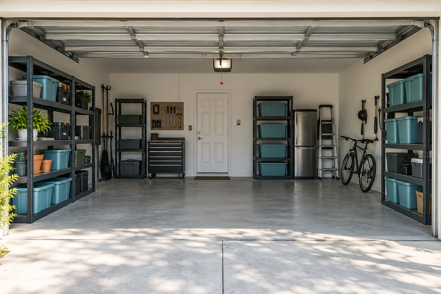 Illustrative organized garage with clear floor space and storage along the walls